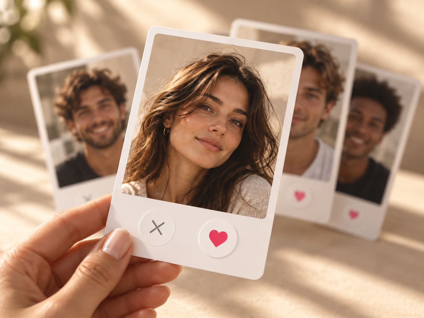 Woman holding a dating profile photo card with like and pass buttons, illustrating face-based attraction preferences in a dating app
