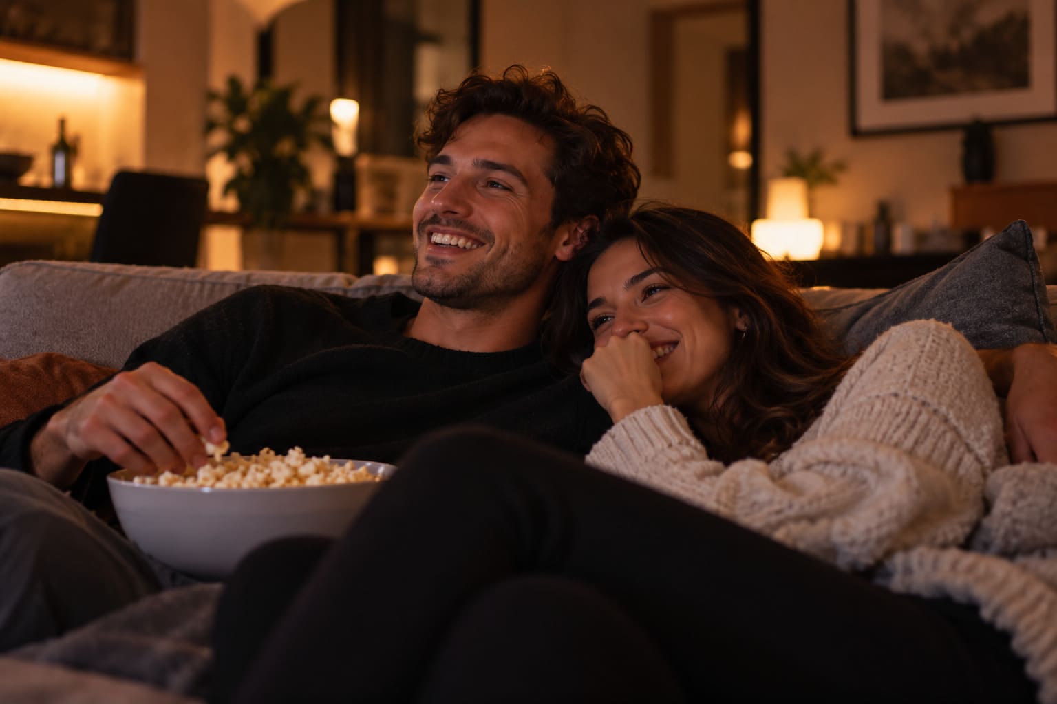 Couple enjoying a cozy movie night together and laughing on the couch