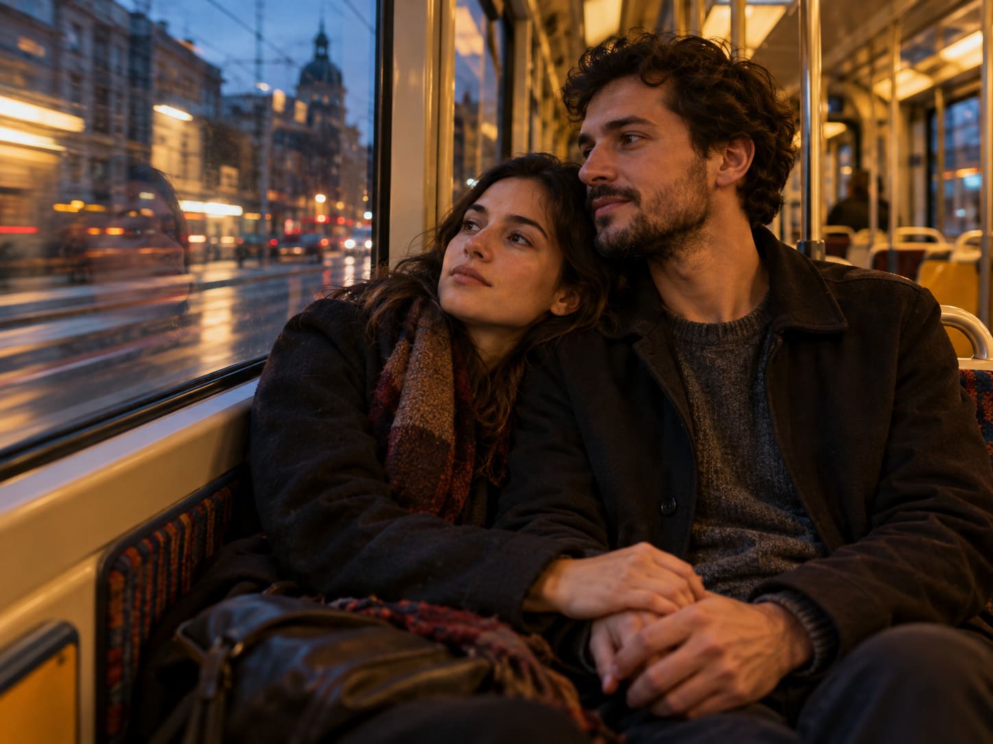 Couple sitting close together and holding hands on an evening tram