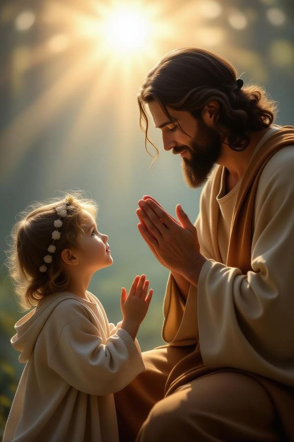 Jesus teaching a girl to pray. Image generated by Grok.