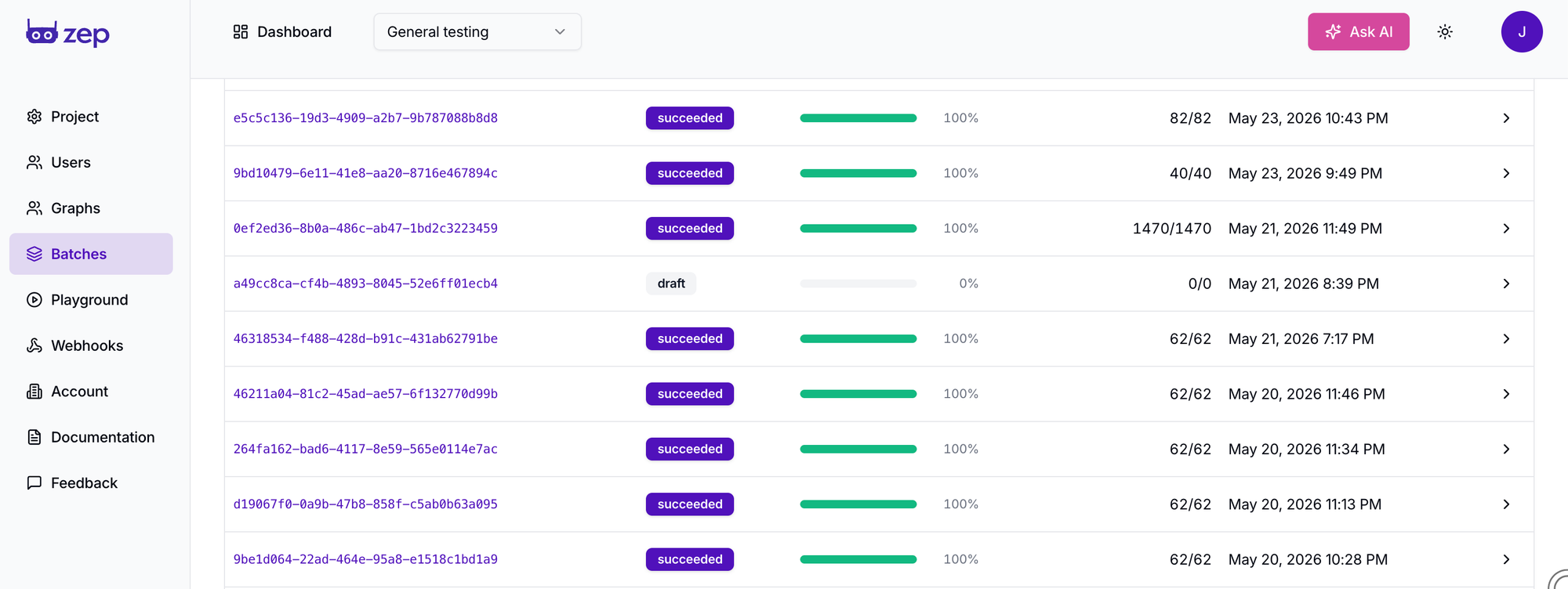The Zep batch dashboard showing a list of batches, each with a status badge (succeeded or draft), a progress bar with percent complete, processed-item counts, and a timestamp.