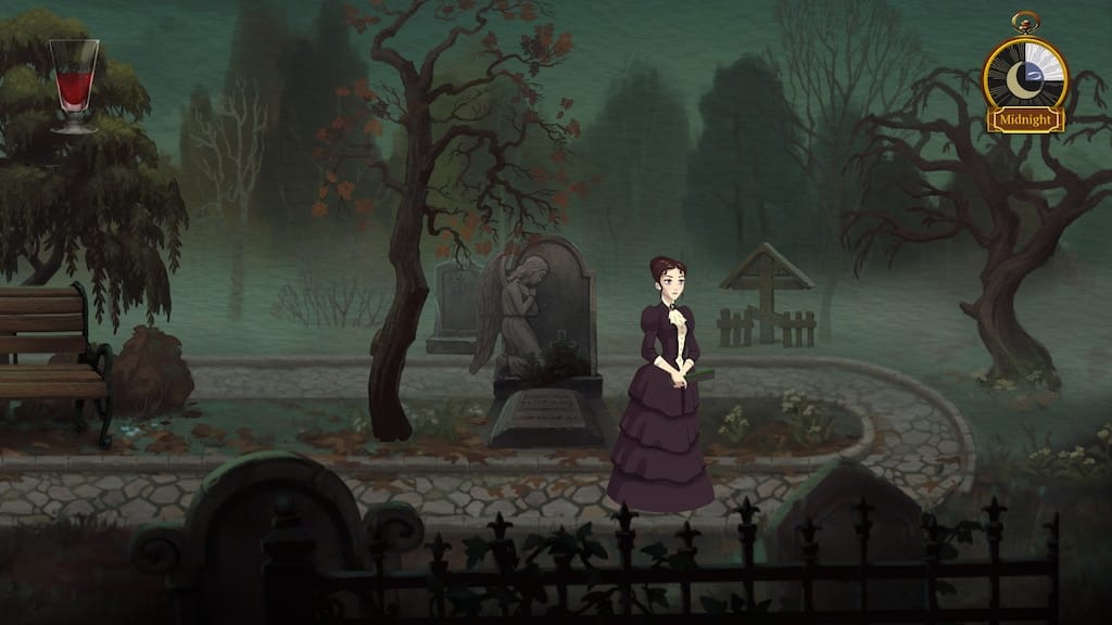 Un personnage se tient dans une allée d'un cimetière sombre, bordé d'arbres morts.