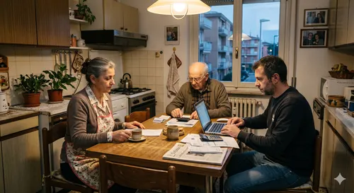 Famiglia intergenerazionale in cucina che gestisce spese e lavoro digitale; scena di vita quotidiana e coabitazione tra genitori e figli adulti.