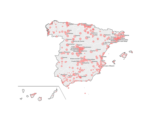 El mapa de los municipios con mayor tasa de fallecidos por COVID-19 en España en 2020