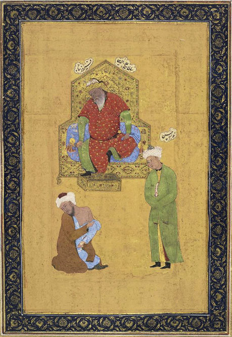 A portrait of Jalal-ud-din Khalji, Khwaja Hasan, and a dervish believed to be Sidi Maula