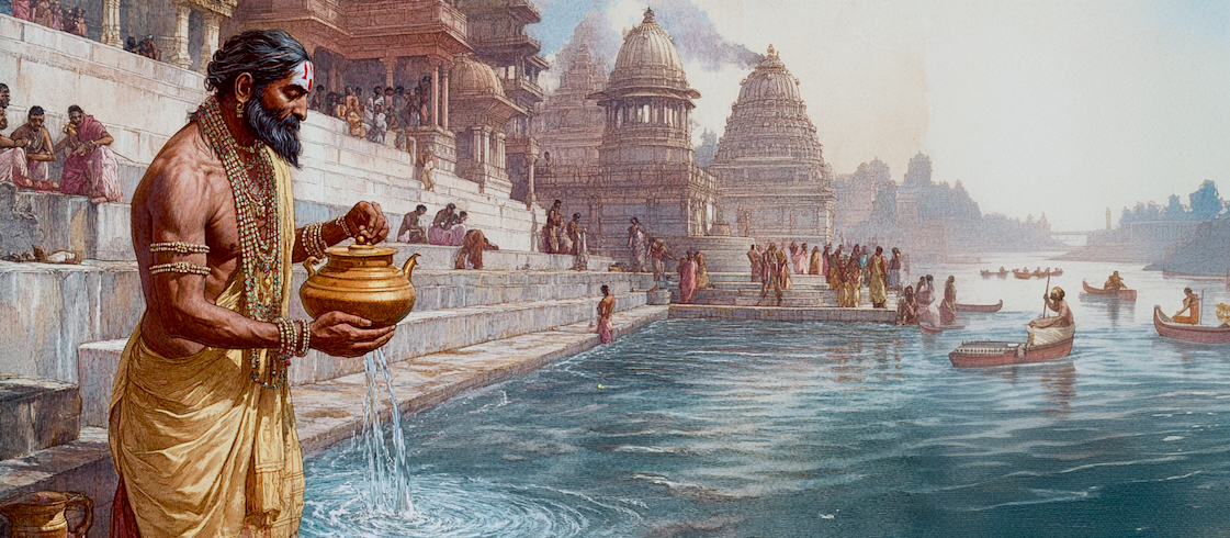 Painting of a devout traditional Hindu offering Water at Prayagraj
