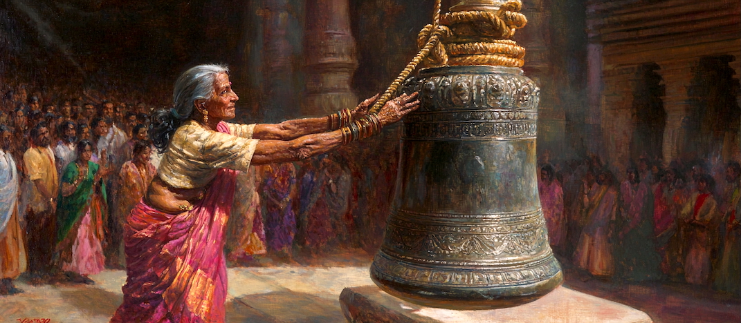 Illustration of an old woman ringing the bell of the Brihadeeshwara Temple