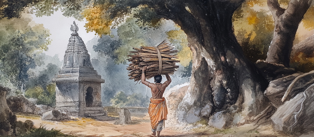 Illustration of a woodcutter who is a devotee of Shiva