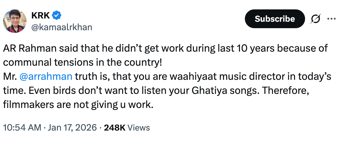 KRK Tweet on Rahman