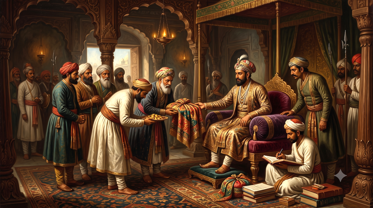 Painting of people giving Nazar to a Mughal King