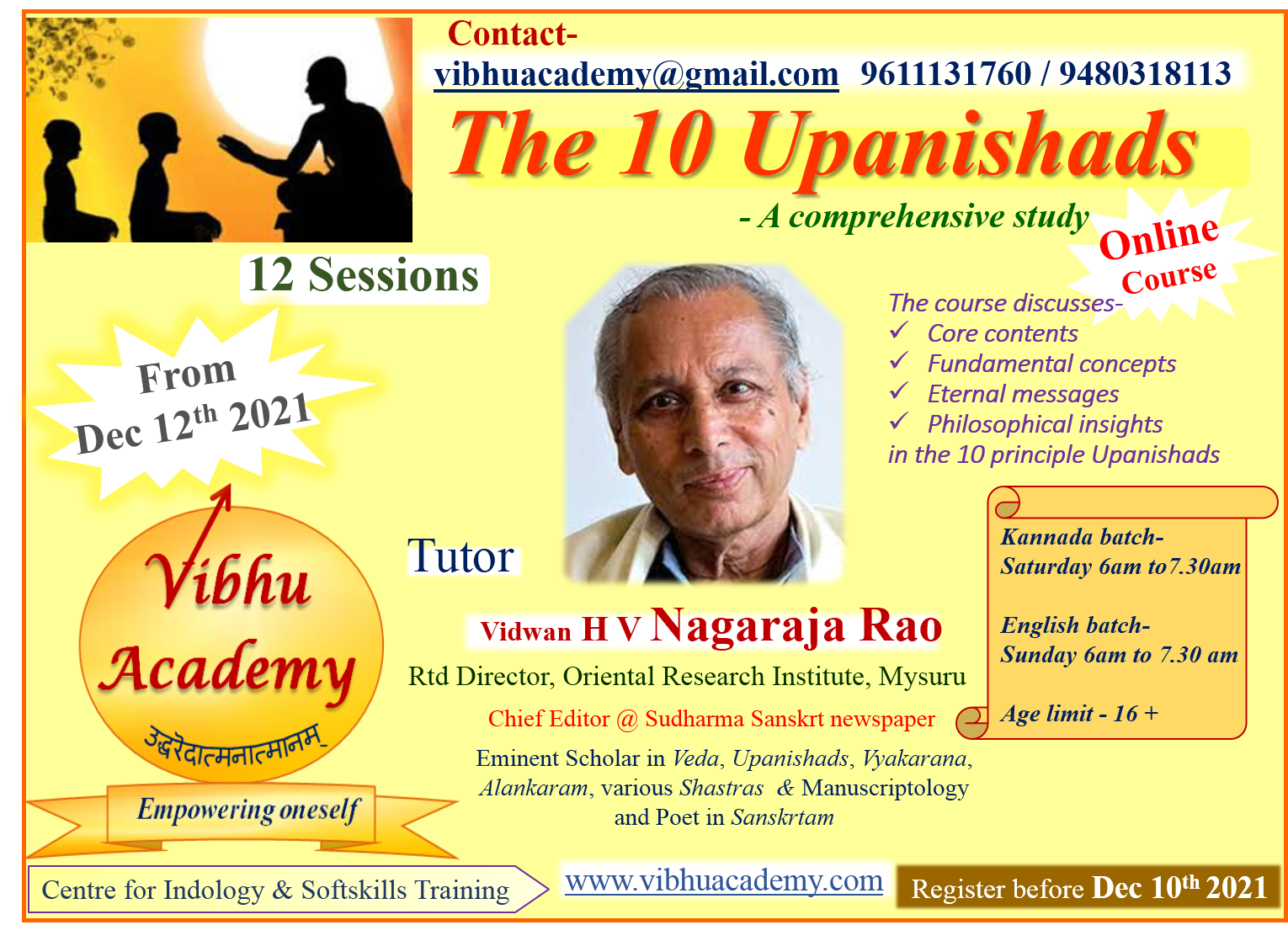 Announcing a New Course in the Ten Upanishads by Vidvan H.V. Nagaraja Rao