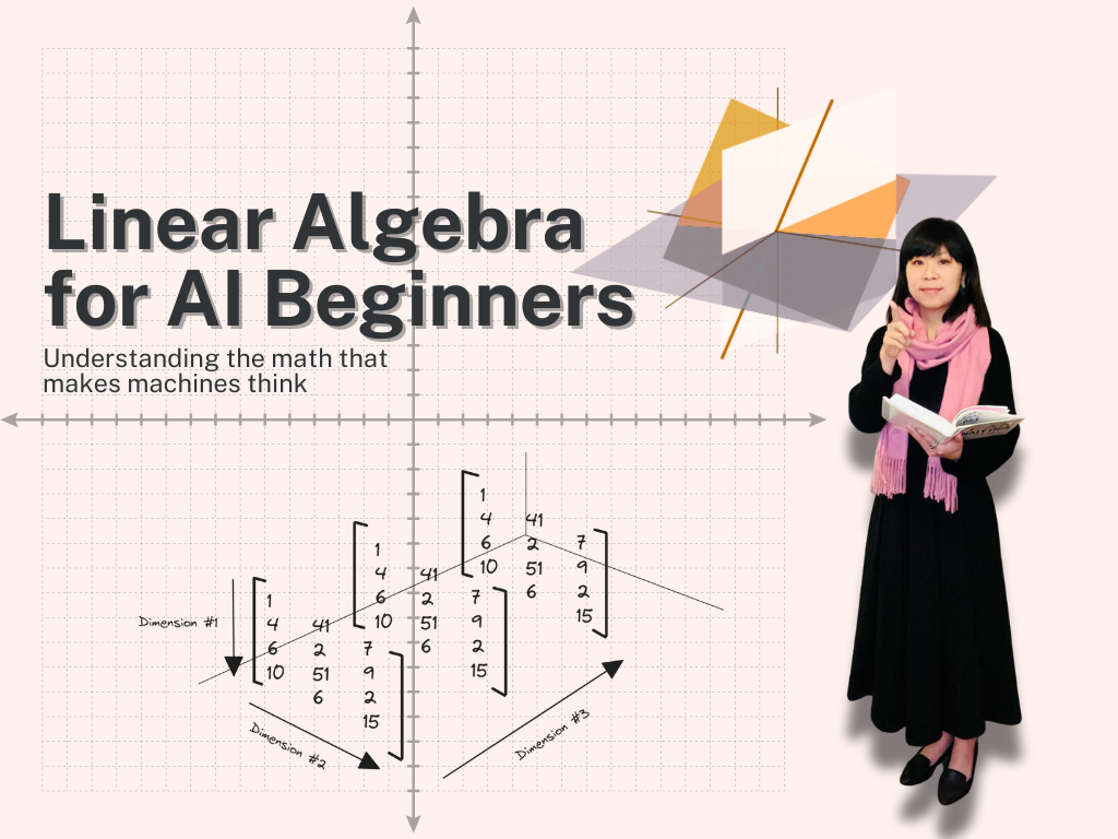 Danni beside a 3D grid and matrix diagrams illustrating linear algebra, with the title “Linear Algebra for AI Beginners.”