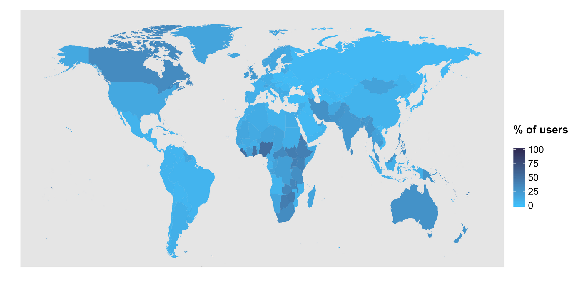 The percentage of Duolingo users learning French in each country