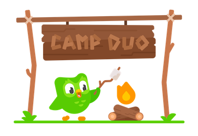 Duolingo characters dressed for summer camp