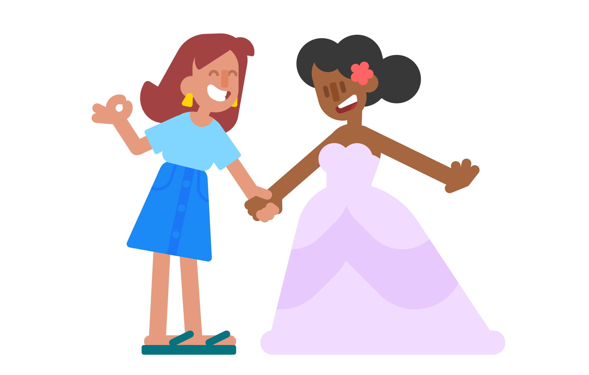 Ilustración de dos mujeres de pie, una al lado de la otra, sonriendo y tomadas de la mano