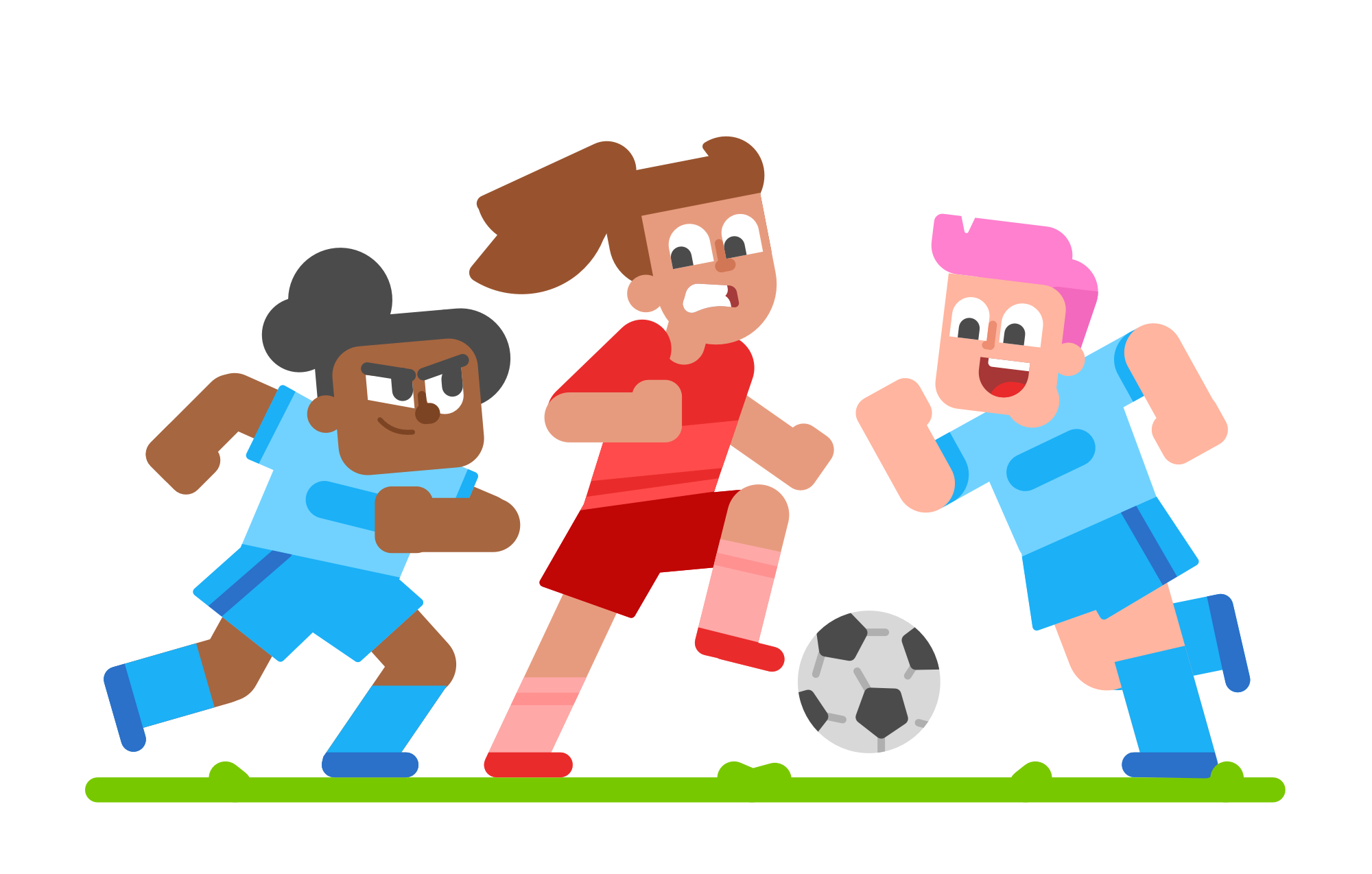 Ilustración de tres personas jugando al fútbol. Una persona tiene la pelota y parece estresada, las otras dos corren hacia la pelota