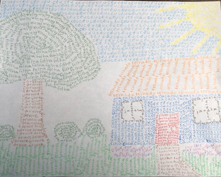 Drawing of a house and a yard with the Portuguese words composing each image