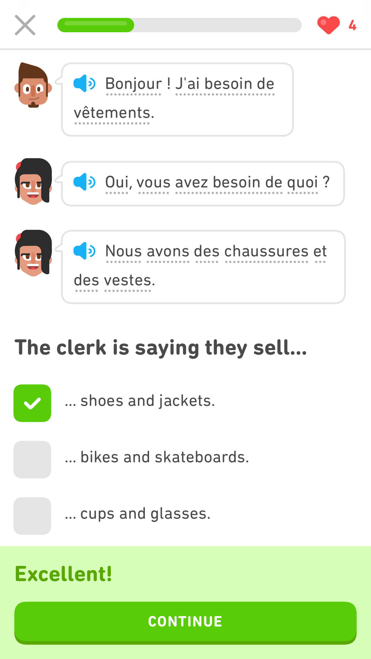 Screenshot of a Duolingo Story that shows lines of dialogue in French next to an avatar of a character and a speaker icon. Under the dialogue is an incomplete sentence in English and three answer options. The checkbox for the first option contains a green checkmark, and a green banner at the bottom of the screen reads “Excellent!” right above a “Continue” button.