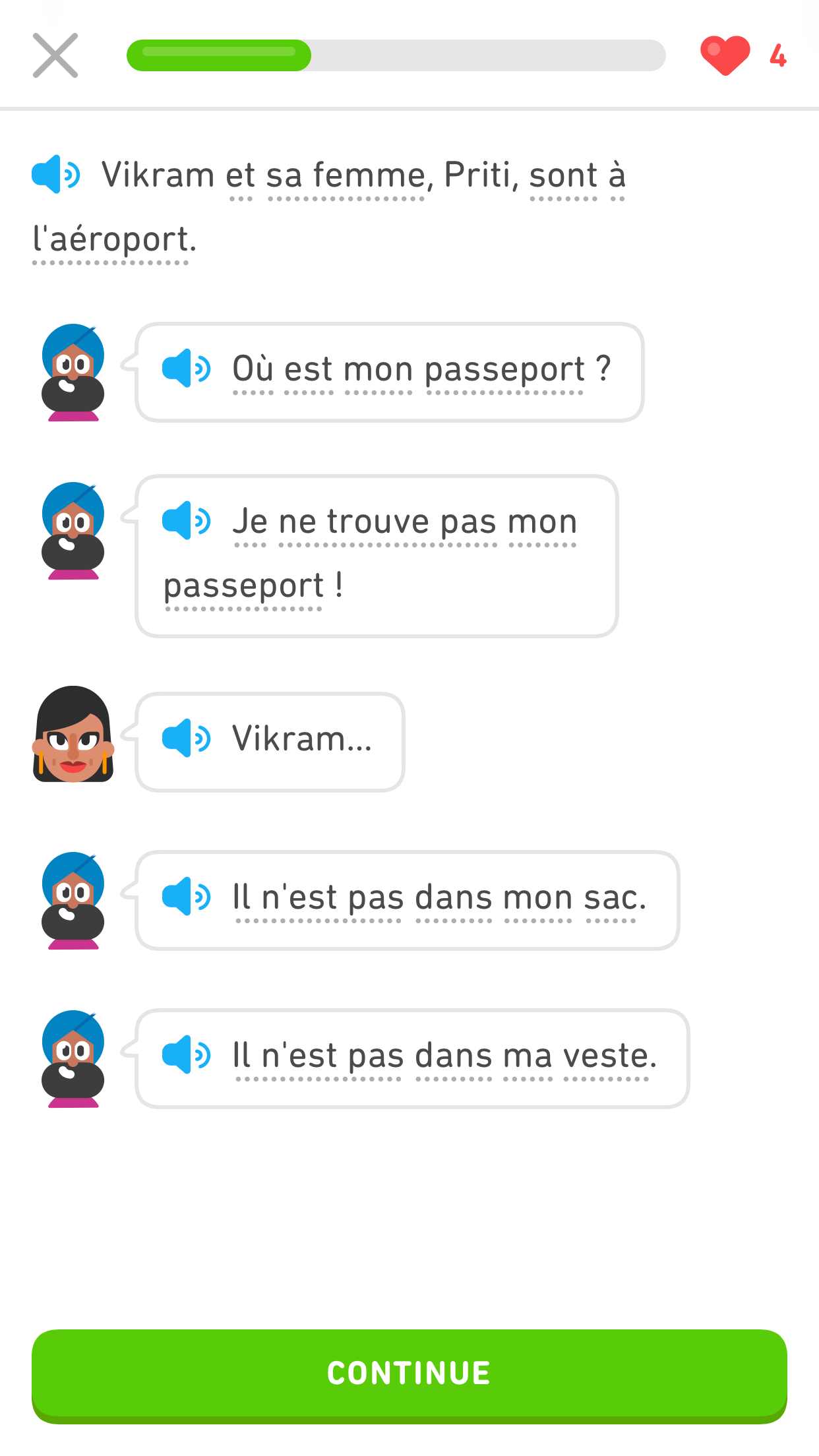 Screenshot of a Duolingo Story that shows lines of dialogue in French next to avatars of Vikram and Priti. Each line begins with a speaker icon. At the bottom of the screen is a green “Continue” button.