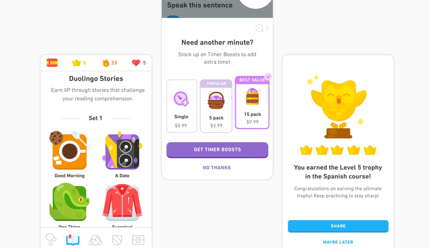 Illustrations used in the Duolingo learning app