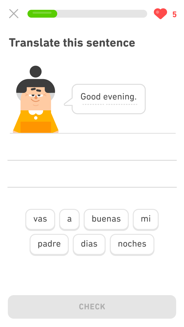 Screenshot of an exercise with the prompt 'Translate this sentence' and an image of the Duolingo character Lin and a speech bubble saying 'Good evening.' At the bottom is a word bank of seven Spanish words.