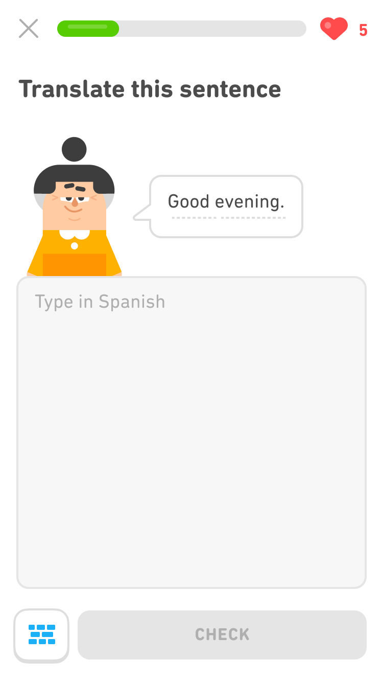 Screenshot of the same exercise as above, with the prompt "Translate this sentence" and an image of the Duolingo character Lin and a speech bubble saying "Good evening." Below the character is an empty field for the learner to type their response in Spanish. To the left of the gray "Check" button is a blue icon of a word bank.