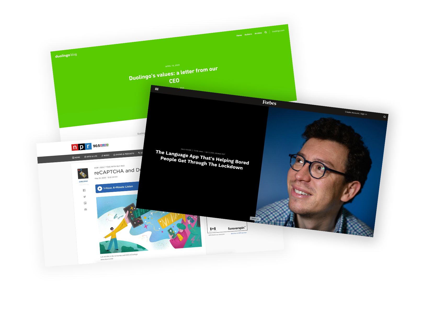 Collage of screenshots of Duolingo blog posts, podcasts, and news