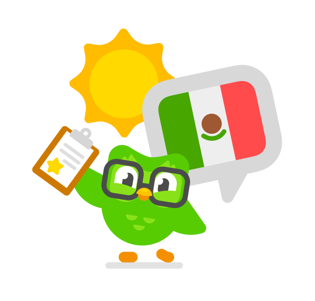 imagen del búho Duo llevando lentes y en su mano una hoja de papel marcado con una estrella, y está de pie al lado de una bandera mexicana y debajo de un sol