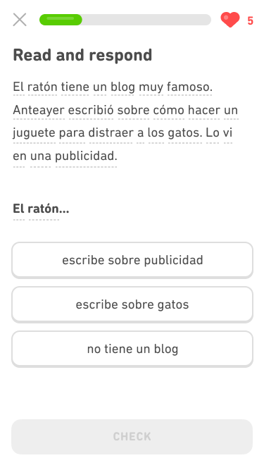 Screenshot of an immersion exercise in the Spanish course for English speakers. The instructions say "Read and respond" and below is a 4-line paragraph of Spanish. Below the paragraph is the beginning of a sentence in Spanish and three Spanish answer choices to complete the sentence.