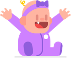 Ilustración de una bebé vestida de morado sentada en el piso con los brazos arriba y une sonrisa de alegría. La bebé tiene un rizo rubio y un moño morado en la cabeza.
