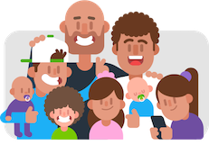 Dos padres con sus seis hijos. Uno de los padres está calvo y tiene barba, y el otro tiene el cabello marrón y rizado. De izquierda a derecha,sus hijos son un chico adolescente con una gorra de béisbol blanca al revéz, poniéndole orejas de conejo a su hermana, y cargando a un bebé vestido de morado con un chupete en la boca. El siguiente niño es mucho más joven y tiene el cabello marrón, rizado y una enorme sonrisa. A continuación está una niña un poco más grande, con cabello largo y un moño rosado, una camisa también rosada y una pequeña sonrisa. A su lado, el padre con el pelo rizado esta cargando a un bebé vestido de azul con un chupete. Al final está una niña vestida de morado, con un lazo también morado en el pelo, y jugando con un teléfono móvil.