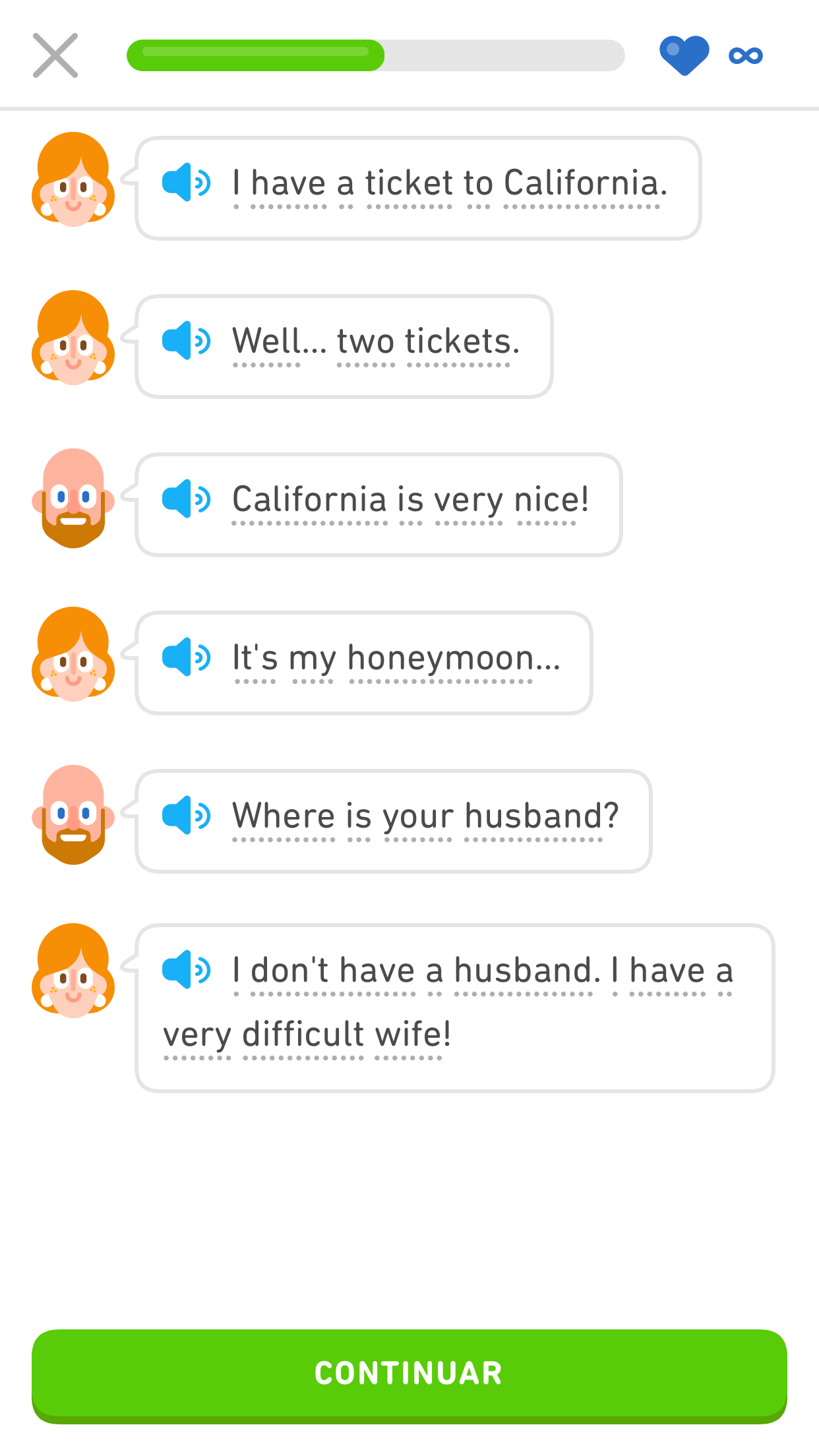 Captura de pantalla de un diálogo de Cuentos en inglés entre un taxista y una mujer.
