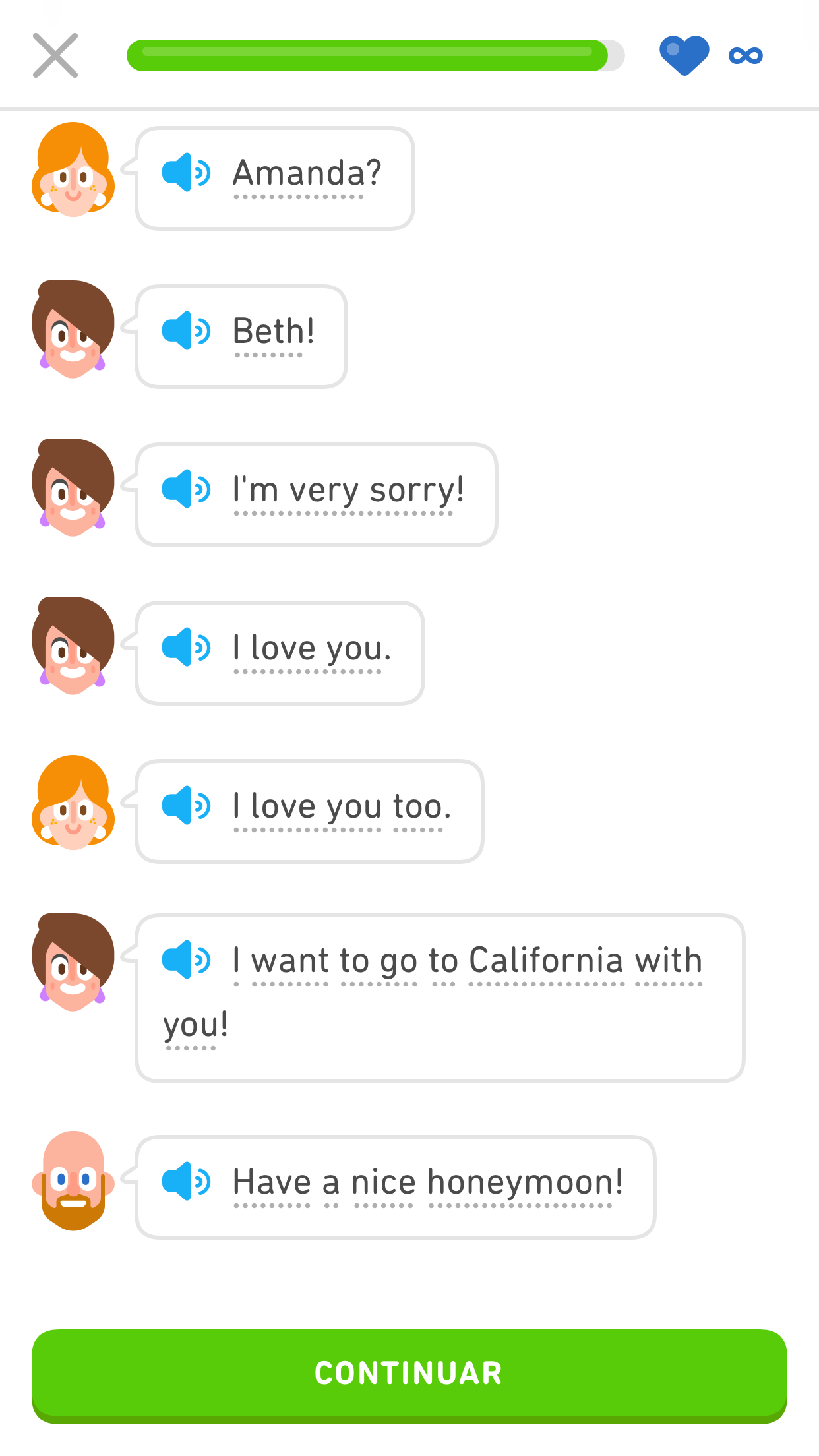 Captura de pantalla de un diálogo de Cuentos en inglés de la misma historia con dos mujeres dialogando en un aeropuerto