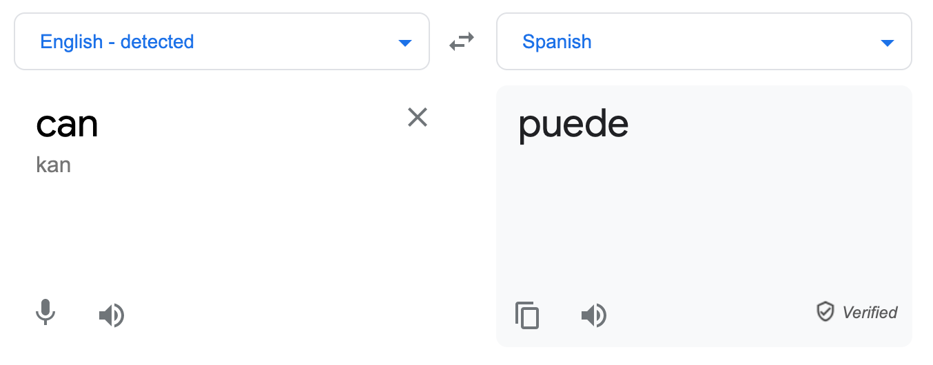 Screenshot of the Google Translate entry for "can." It returns the Spanish word 'puede'