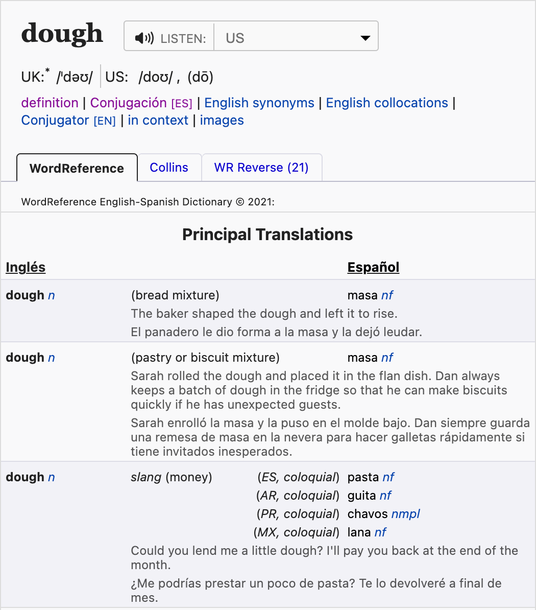 Screenshot of the WordReference.com entry for "dough." It includes three different "Principle Translations" corresponding to different Spanish words, and the final principle translation includes slang terms for "money."