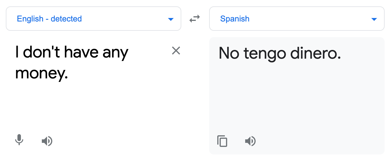 Screenshot of the Google Translate entry for "I don't have any money." It returns the Spanish phrase 'No tengo dinero'