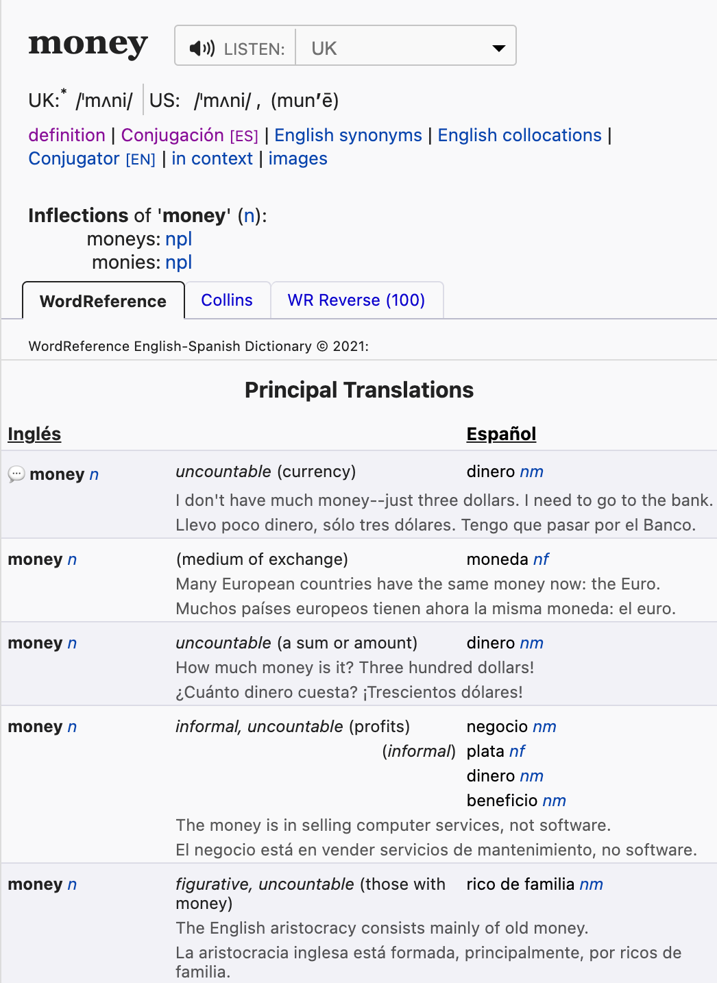 Screenshot of the WordReference.com entry for "money." It includes five different "Principle Translations" corresponding to different Spanish words.
