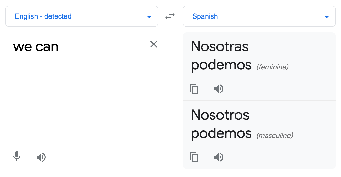 Screenshot of the Google Translate entry for "we can." It returns the Spanish phrases 'nosotras podemos' and 'nosotros podemos'
