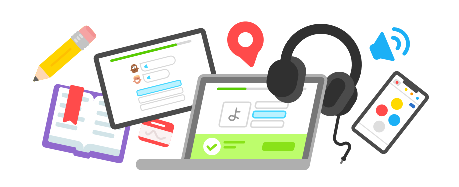 illustration of a variety of ways to learn and practice a new language. From the left: a pencil, an open book, a Duolingo exercise with avatars having a conversation, the kind of nametag you'd get at an event with a lot of new folks, an open laptop with a Duolingo exercise with a character from another language on the screen, a dropped pin like on Google Maps, headphones, a speaker icon with sound coming out, and Duolingo open on a cell phone.