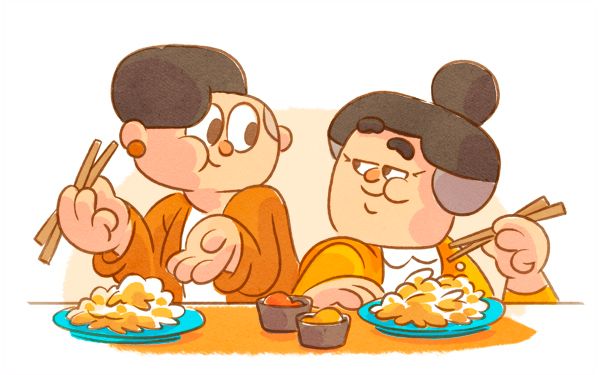 Drawing of Duolingo characters Lucy and Lin, who are grandmother and granddaughter, sitting together at a table. They are looking at each other and both have chopsticks in their hands and are eating from a plate piled high with food.