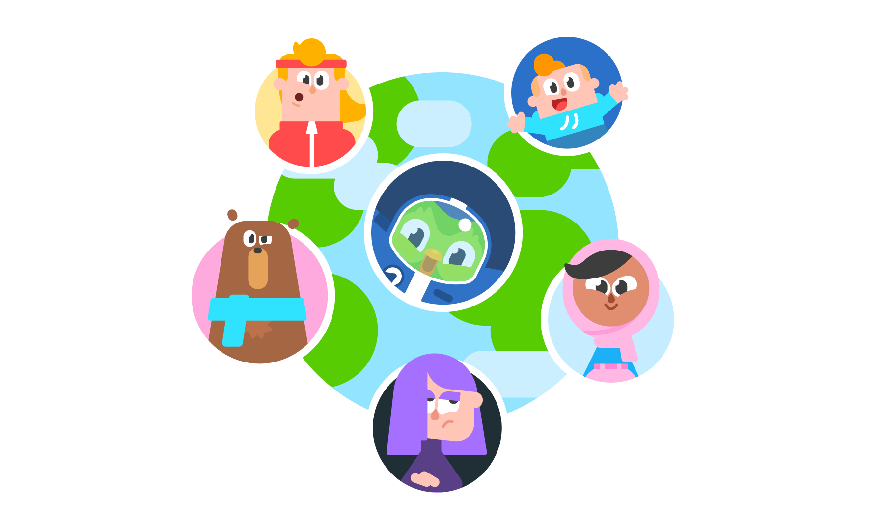 Ilustración de la Tierra vista desde el espacio. Duo, nuestro búho mascota, está en el centro con un traje espacial y cinco de los personajes de Duolingo están en una órbita a su alrededor.