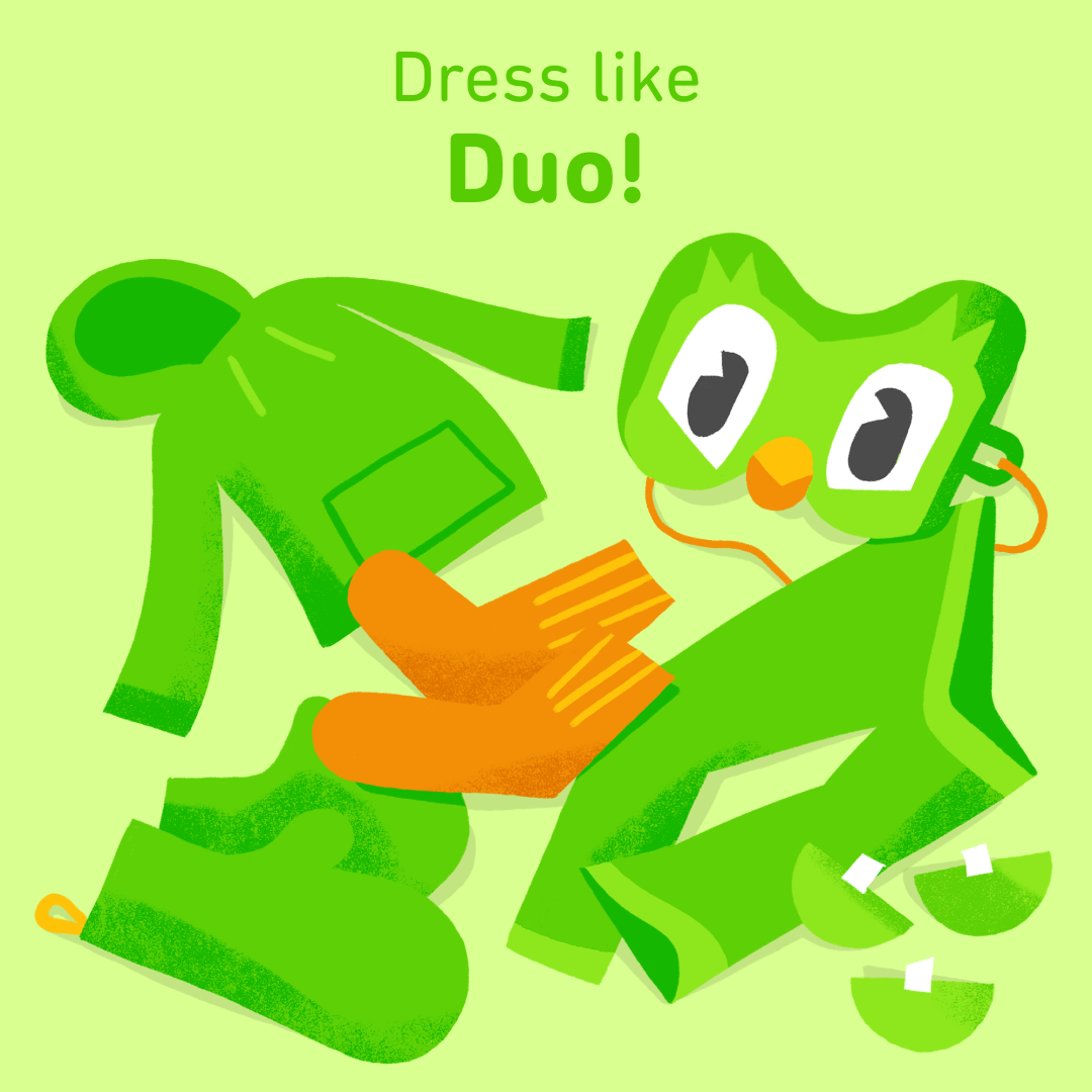 Illustration of a green hoodie, green pants, green mittens, orange socks, and a Duo mask.