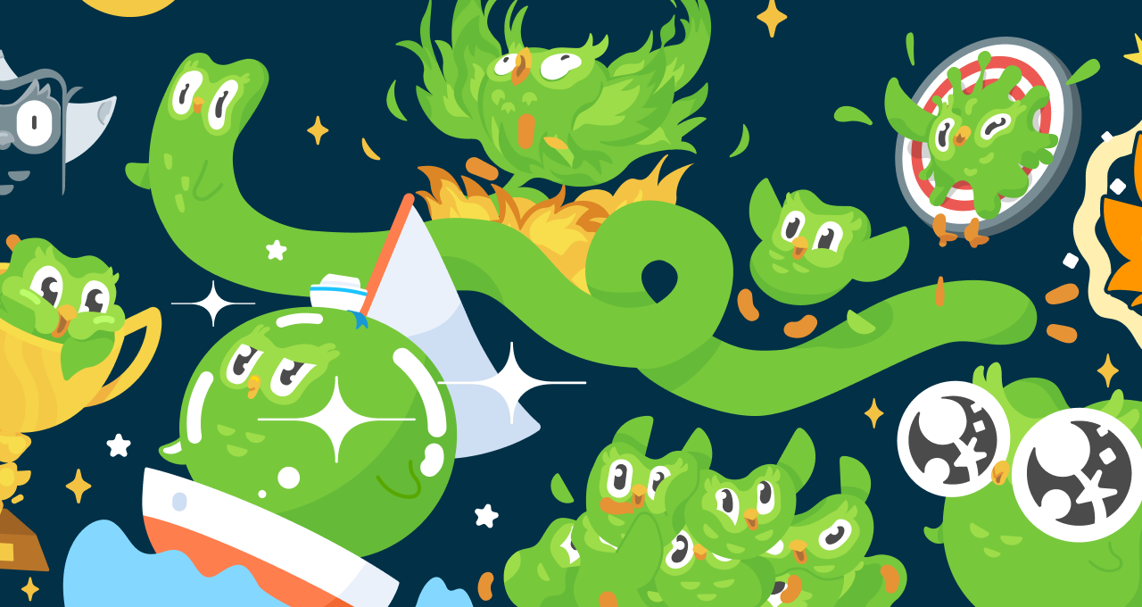 Un collage de los arquetipos de usuarios de Duolingo