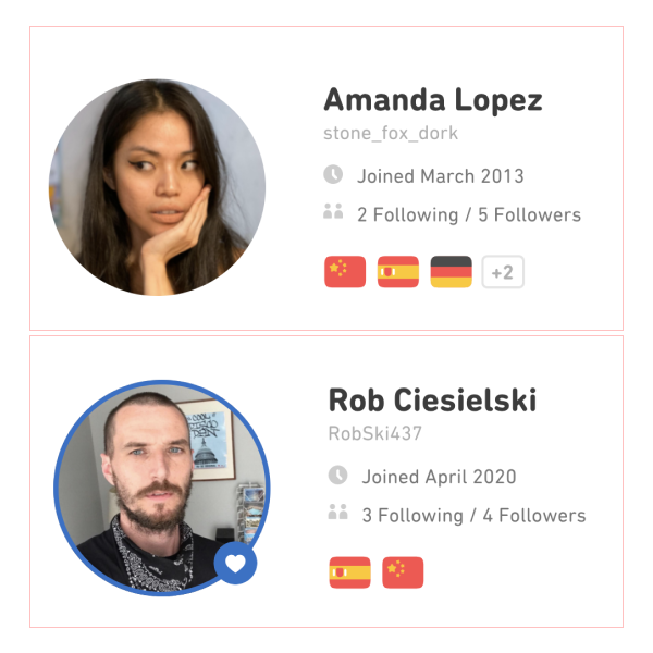 Screenshots of Amanda's and Rob's profiles, each including a photograph of their face, when they joined Duolingo, their number of followers, and flags of the languages they were studying.