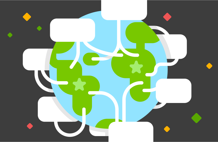 Ilustración del planeta Tierra con los continentes verdes conectados por bocadillos blancos y África y América del Sur en el centro. La Tierra está sobre un fondo negro con destellos rojos, amarillos y verdes como estrellas en la distancia.