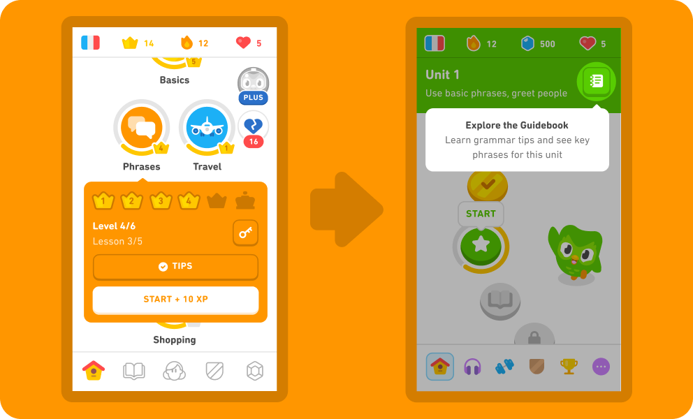 Before and after of Duolingo homescreen. On the left is an example of a guidebook icon being shown before you start a lesson, on the right it shows that the Guidebook will instead appear at the top right corner of each unit