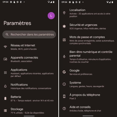 Two Android screenshots. One on the left shows the top half Paramètres menu, the right-side screenshot shows the bottom half of the menu, including the “Langues” option.