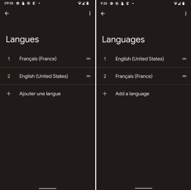 The left-hand screenshot shows the Langues menu which shows the languages in this order: French, English, or “add another.” The right screenshot shows English has been dragged to the top of the list.