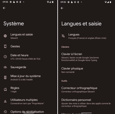 The left-hand screenshot shows the System menu in French. “Langues et saisie” is the first option. The right hand screenshot shows that menu option expanded, with “Langues” being the first item to select in that new menu.