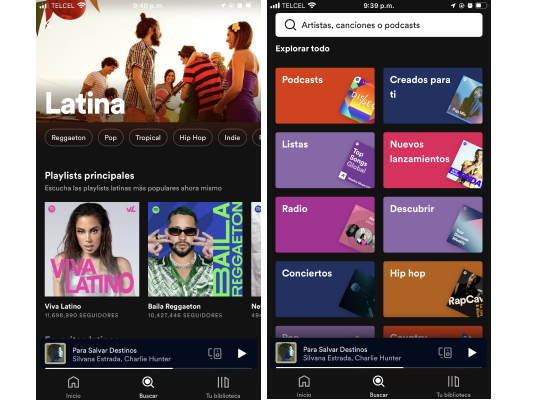 Screenshots of an iPhone screen on the Spotify app. Playlists and general homepage are in Spanish